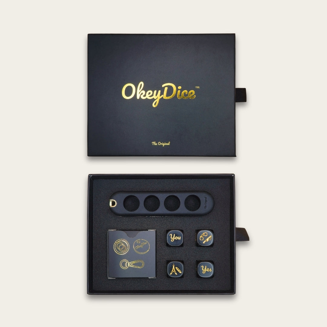 Porte-clé OkeyDice à 4 dés décisionnels — silicone soft-touch et métal doré