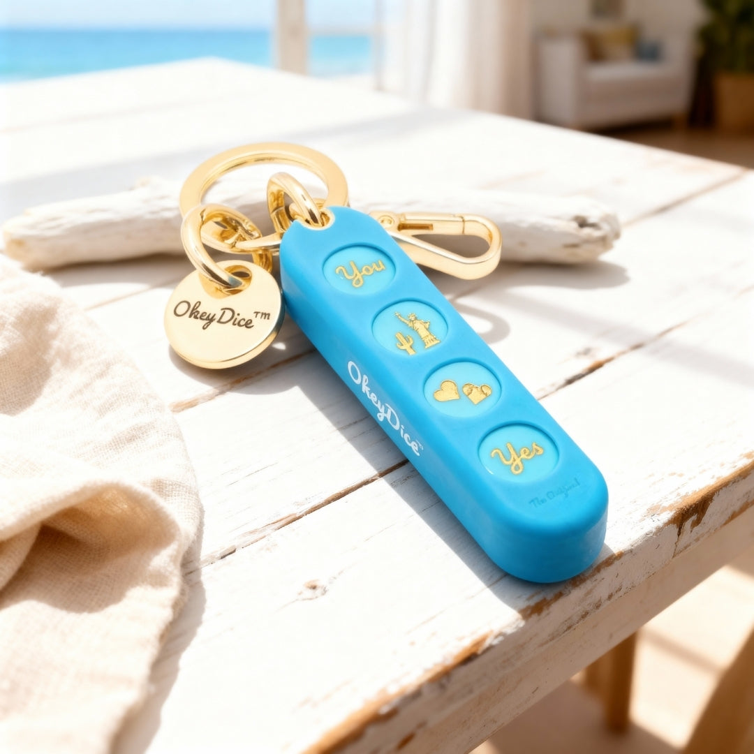 Porte-clé OkeyDice à 4 dés décisionnels — silicone soft-touch et métal doré