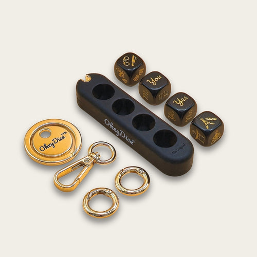 Porte-clé OkeyDice à 4 dés décisionnels — silicone soft-touch et métal doré